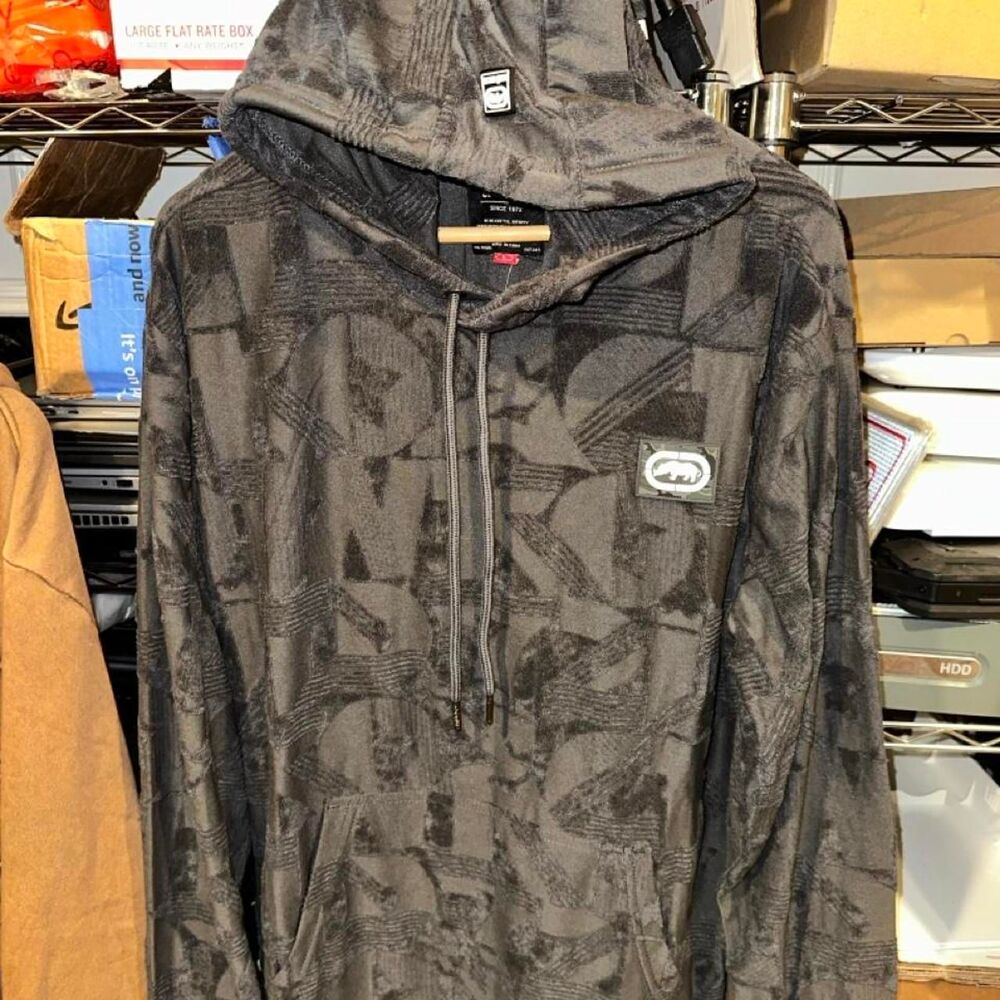 Ecko-unltd Velvet/Suede Textured Men's Grey Hoodie Large Sweater